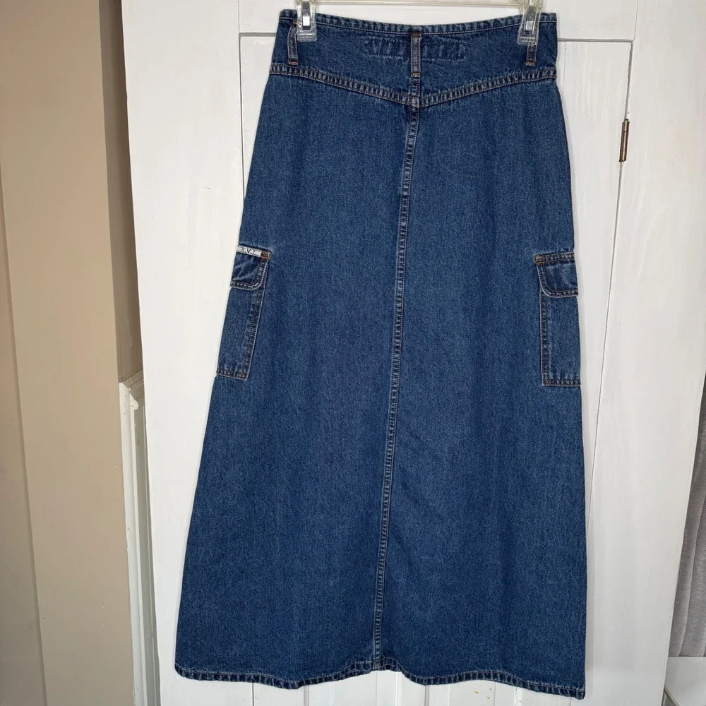 RVT Cargo Maxi Skirt Blue Denim Jean Vintage 5/6 A Line Pockets Y2K Style - Picture 5 of 6
